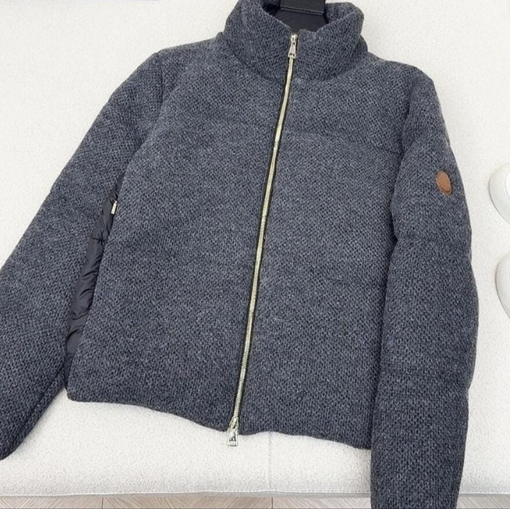 Moncler Grey Knit Puffer Combo Jacket with Gold Zipper